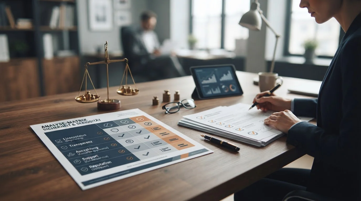 Neutrale analytische Bewertungsmatrix zu Lizenzstatus, Transparenz, Auszahlung, Support und Reputation
