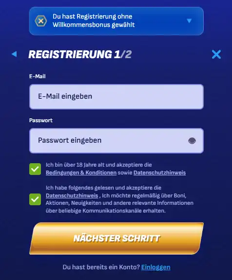Aktuelle Wonaco Registrierungs- oder Kontooberfläche