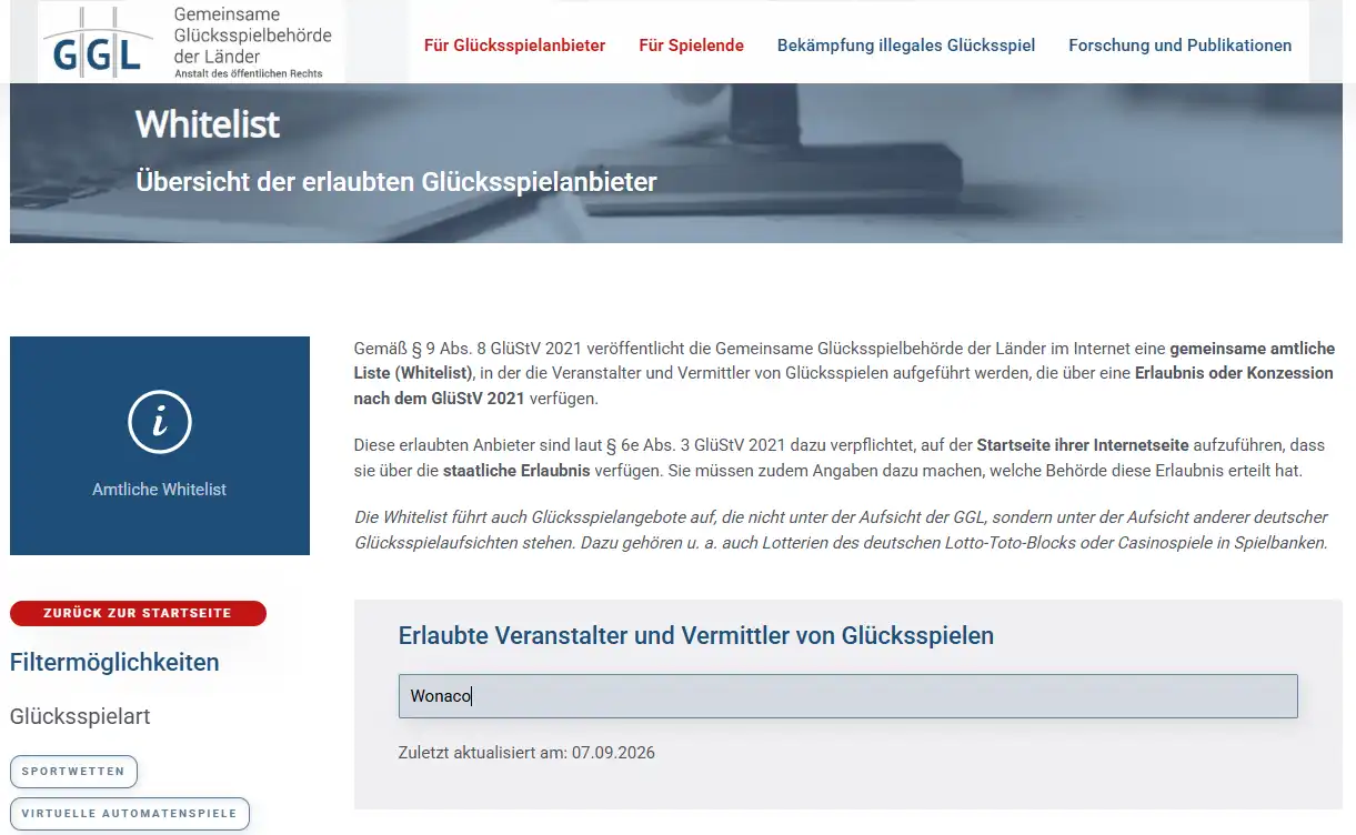 Amtliche GGL-Whitelist mit sichtbarem Aktualisierungsstand